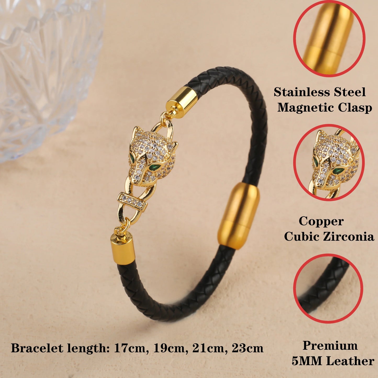 Luxury Leather Bracelet with Zircon Charm – Stainless Steel Magnetic Clasp