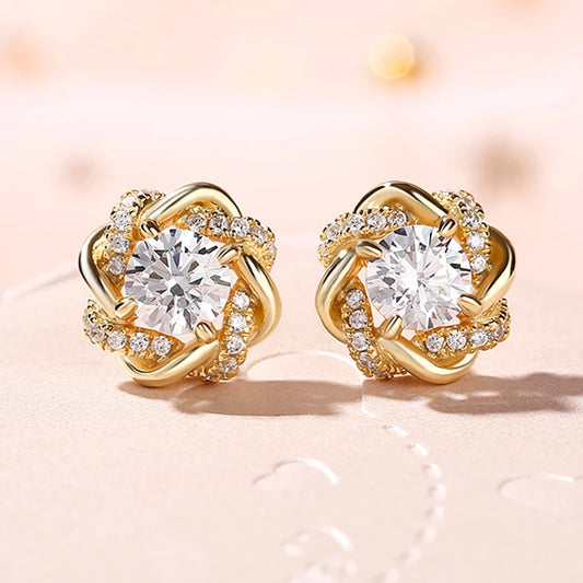 Luxury Gold Flower Stud Earrings – Dainty Cubic Zirconia Sparkle for Daily Elegance