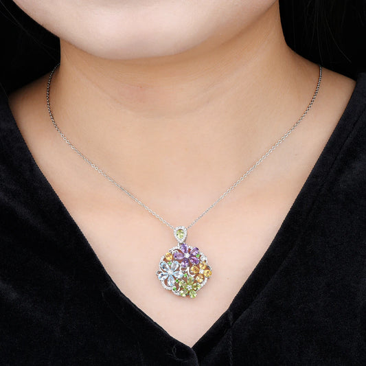 Elegant Sterling Silver Pendant with Multicolor Gemstones – Romantic Luxury Jewelry