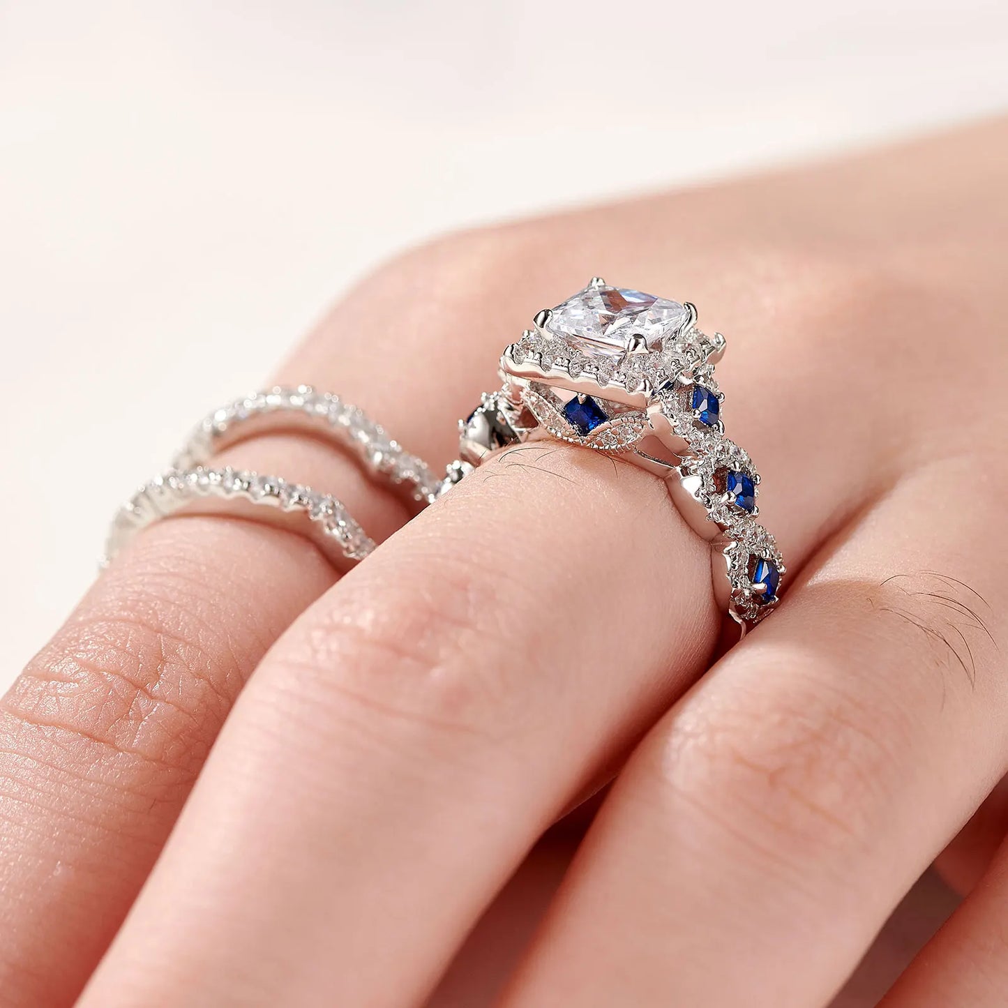 925 Sterling Silver Luxury Blue Stone Ring Set – Sparkling Elegant Jewelry