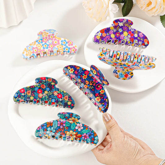 Flower Print Hair Claw – Colorful Half-Round Hair Accessory for Women