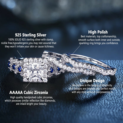 925 Sterling Silver Luxury Blue Stone Ring Set – Sparkling Elegant Jewelry