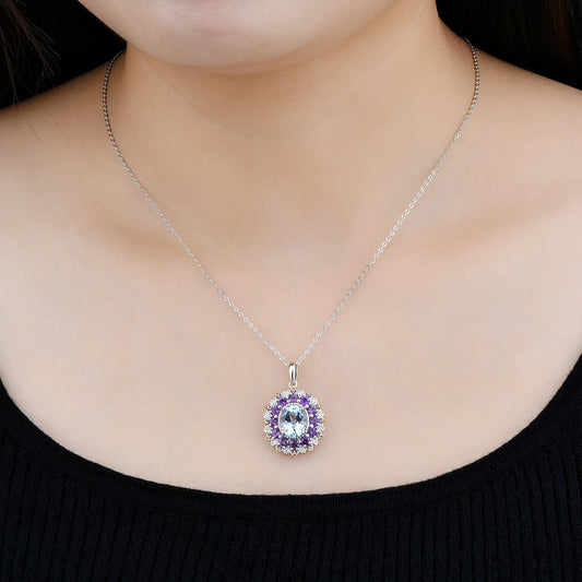 Elegant Oval Sky Blue Topaz & Amethyst Pendant – 925 Sterling Silver | Colorful Luxury Gemstone Necklace
