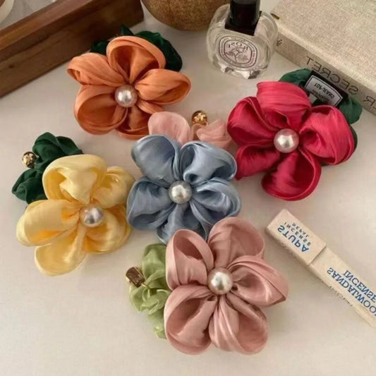 Organza Pearl Flower Scrunchie – Elegant Floral Hair Tie
