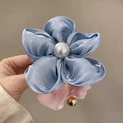 Organza Pearl Flower Scrunchie – Elegant Floral Hair Tie