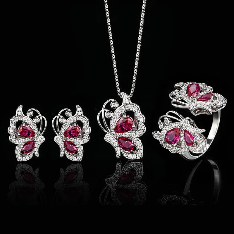 Luxury Ruby Butterfly Zircon Jewelry Set – Necklace Earrings & Ring