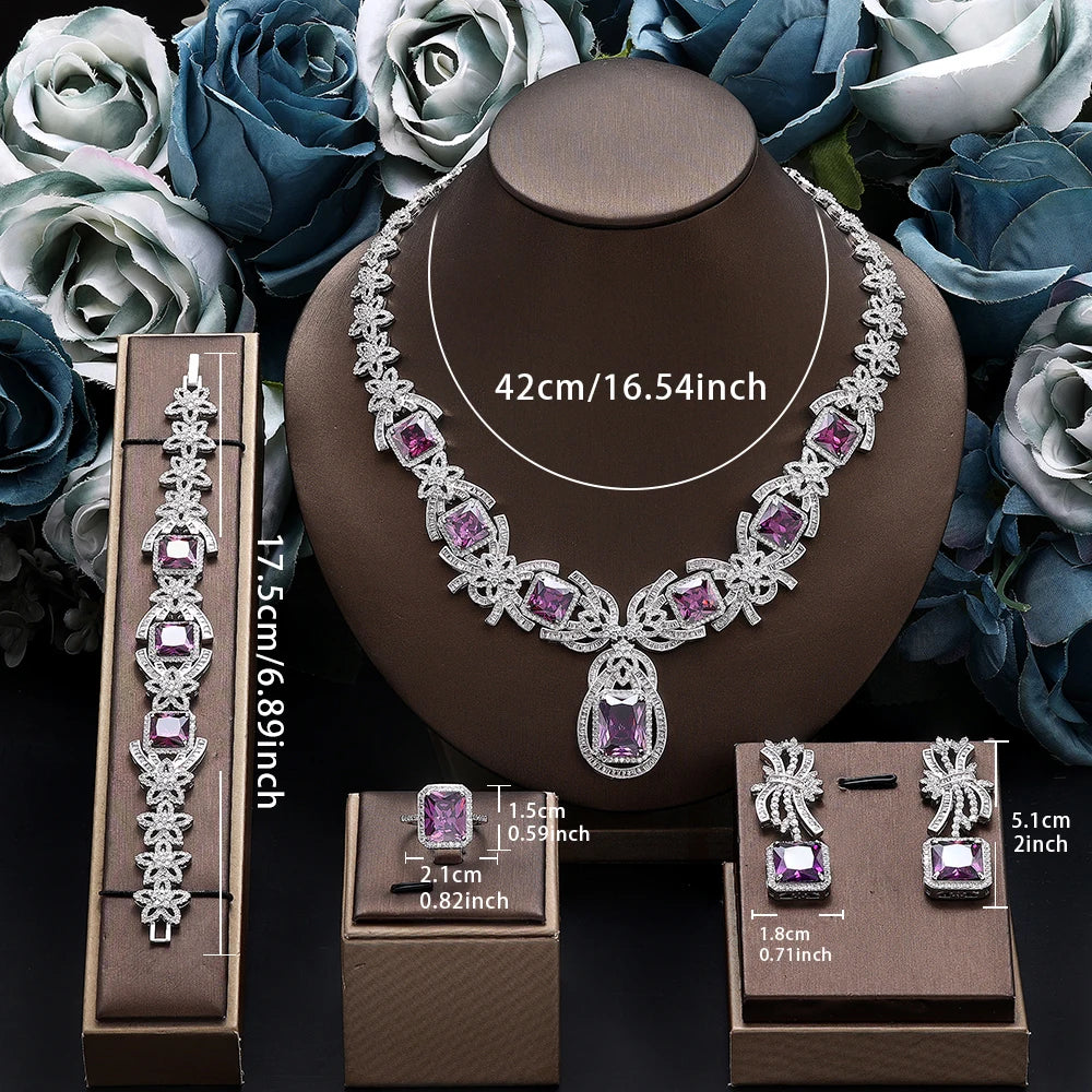Royal Amethyst Crystal Jewelry Set – 4PCS Elegant Purple Zircon Necklace, Earrings, Bracelet & Ring for Evening, Wedding, or Gift