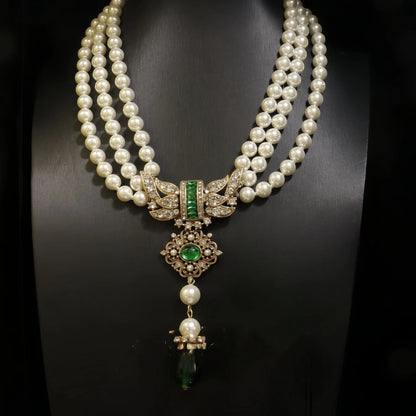 Royal Pearl Jewelry Set with Green Stone Accents