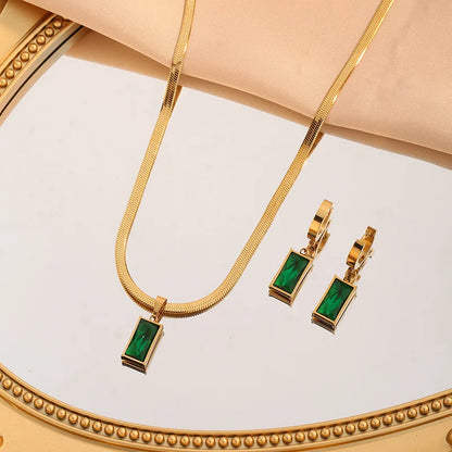 Stainless Steel Rectangle Green Crystal Zircon Pendant Necklace Earrings Fashion  Jewelry Set