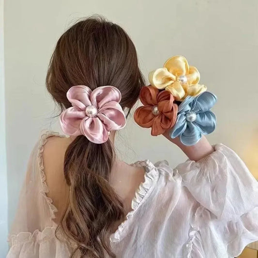 Organza Pearl Flower Scrunchie – Elegant Floral Hair Tie
