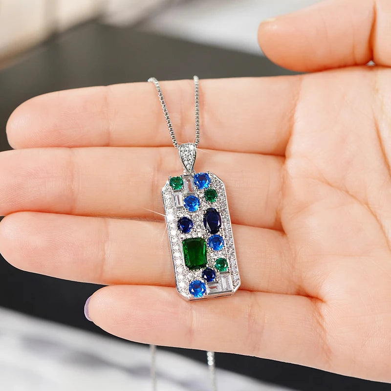 Blue Green Cubic Zirconia Silver Pendant Necklace