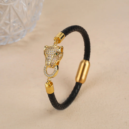 Luxury Leopard Head Leather Bracelet – Stainless Steel Magnetic Clasp & Sparkling Zircon