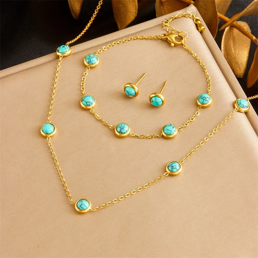 Stainless Steel Round Turquoise Necklace Bracelet Earrings Suit For Womens  TrendNon-fading jewelry Set
