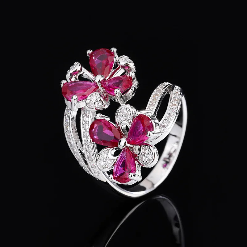 Colorful Zircon Flower Ring – Open Adjustable Luxury Design for Women
