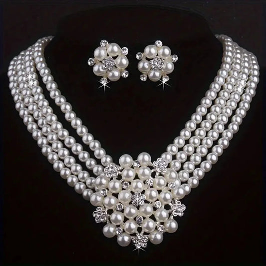 Vintage Pearl Flower Jewelry Set – Multi-Layer Elegant Necklace & Stud Earrings for Women