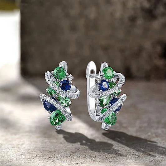 Elegant Green & Blue Zircon Hoop Earrings – Twisted Design, Silver-Tone Sparkle