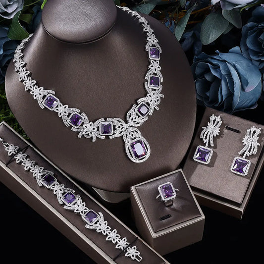 Royal Amethyst Crystal Jewelry Set – 4PCS Elegant Purple Zircon Necklace, Earrings, Bracelet & Ring for Evening, Wedding, or Gift