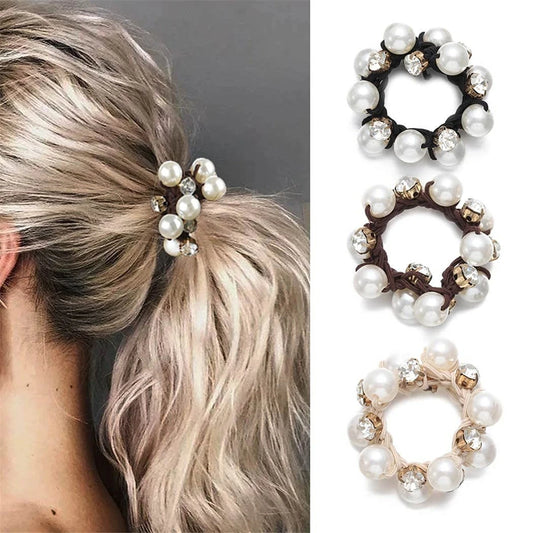 3pcs Pearl Hair Tie Set – Elegant Elastic Hair Accessories with Crystal Detail