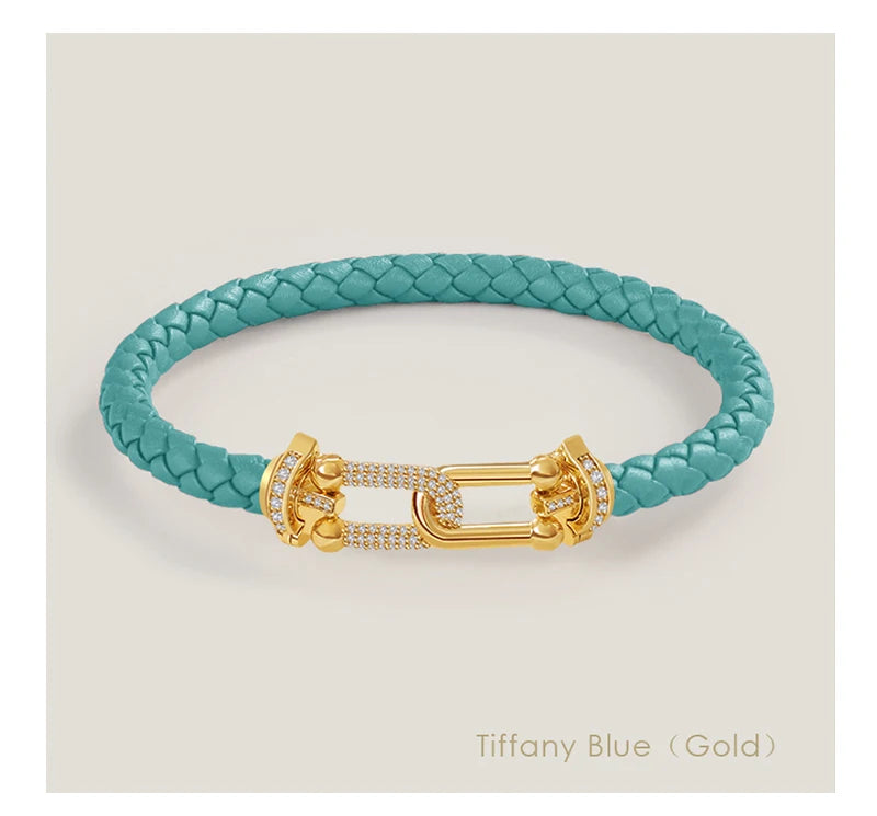 Braided Leather Bracelet with Zircon Gold Clasp