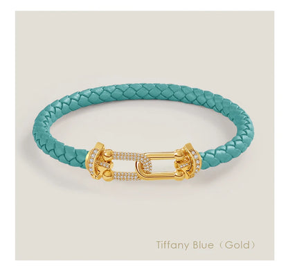 Braided Leather Bracelet with Zircon Gold Clasp
