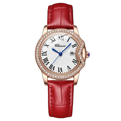 Elegant Crystal Women’s Watch – Premium Leather Strap & Classic Roman Dial
