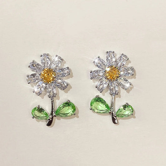 Luxury Daisy Flower Zircon Earrings with Green Leaf Design – Trendy CZ Studs for Women
