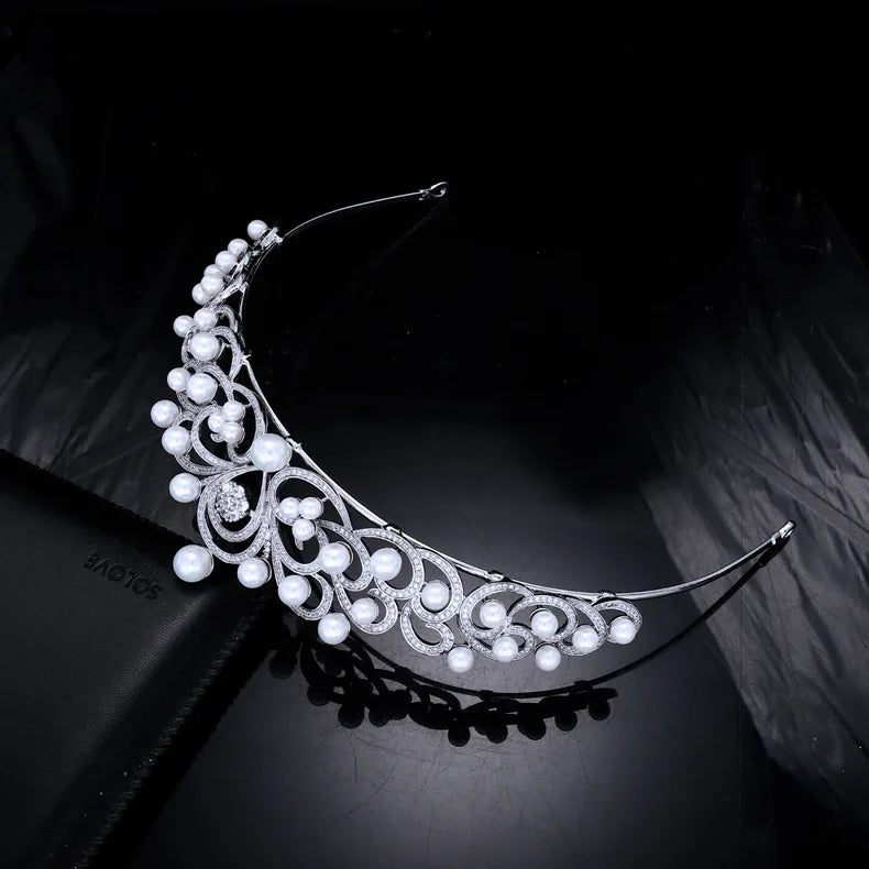 Elegant Royal Wedding Crown with Baroque Design – Pearl & Zircon Tiara for Brides