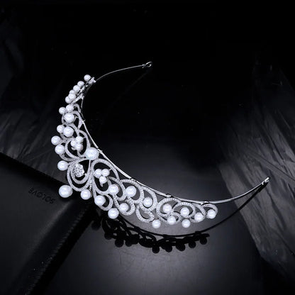 Elegant Royal Wedding Crown with Baroque Design – Pearl & Zircon Tiara for Brides