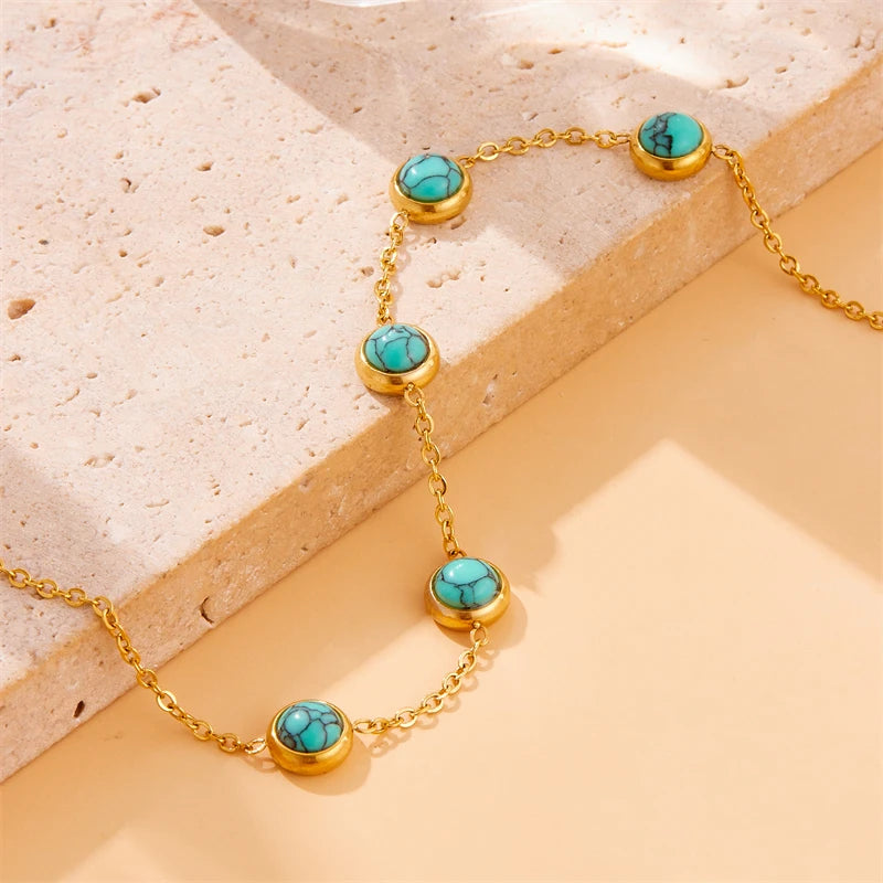 Stainless Steel Round Turquoise Necklace Bracelet Earrings Suit For Womens  TrendNon-fading jewelry Set