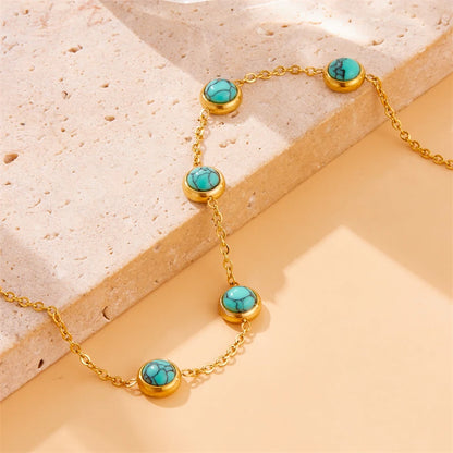 Stainless Steel Round Turquoise Necklace Bracelet Earrings Suit For Womens  TrendNon-fading jewelry Set