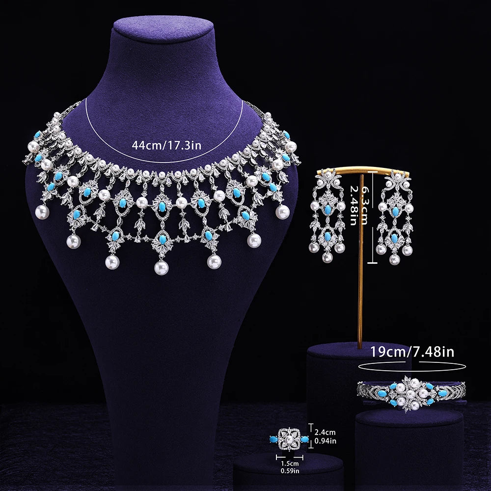 Luxury Pearl  Jewelry Set - CZ Crystal Necklace, Earrings, Ring & Bracelet For Women Perfect for Special Occasions