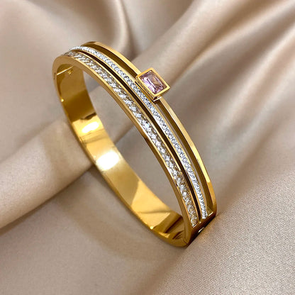 Elegant Duo-Tone Zircon Cuff Bracelet – Luxury Gold & Silver Bangles for Her