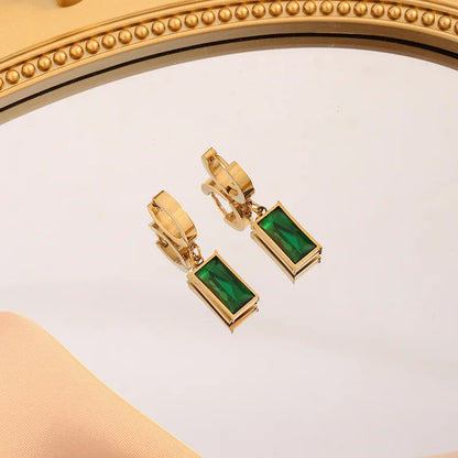 Stainless Steel Rectangle Green Crystal Zircon Pendant Necklace Earrings Fashion  Jewelry Set