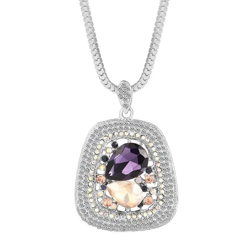 Elegant Crystal Pendant Necklace – Long Chain, Square Charm, Semi-Precious Stone, Timeless Women’s Jewelry