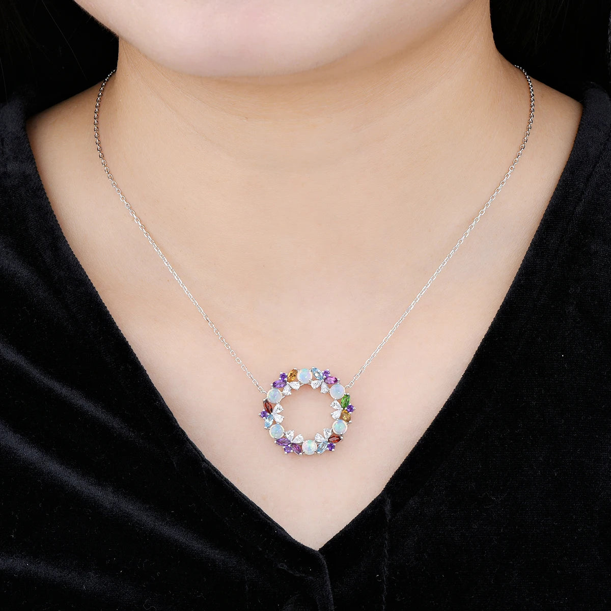 Sterling Silver Circle Pendant with Natural Multicolor Gemstones – Elegant Everyday Sparkle
