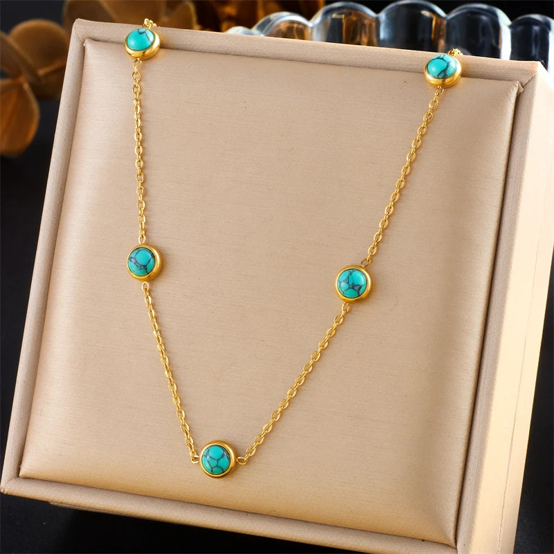 Stainless Steel Round Turquoise Necklace Bracelet Earrings Suit For Womens  TrendNon-fading jewelry Set