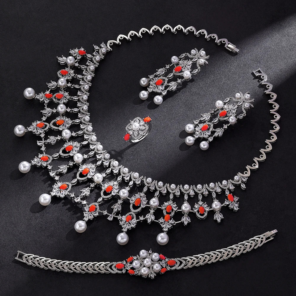 Luxury Pearl  Jewelry Set - CZ Crystal Necklace, Earrings, Ring & Bracelet For Women Perfect for Special Occasions