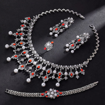 Luxury Pearl  Jewelry Set - CZ Crystal Necklace, Earrings, Ring & Bracelet For Women Perfect for Special Occasions