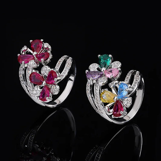 Colorful Zircon Flower Ring – Open Adjustable Luxury Design for Women