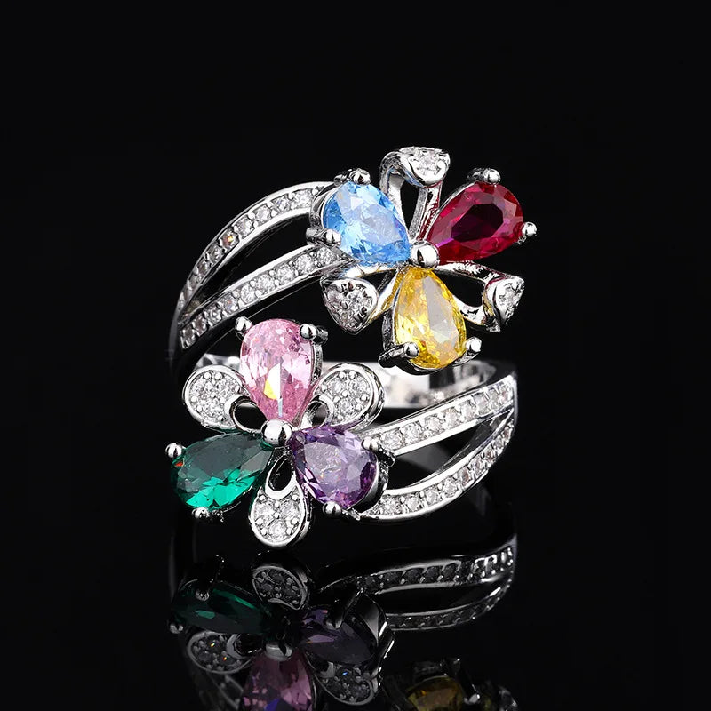 Colorful Zircon Flower Ring – Open Adjustable Luxury Design for Women