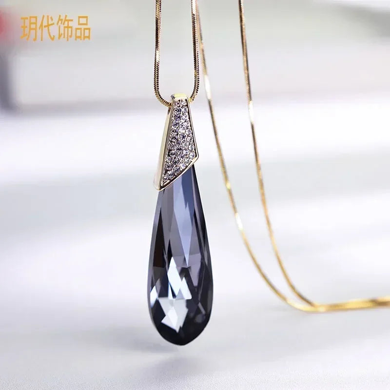 Elegant Crystal Pendant Necklace – Long Chain, Square Charm, Semi-Precious Stone, Timeless Women’s Jewelry