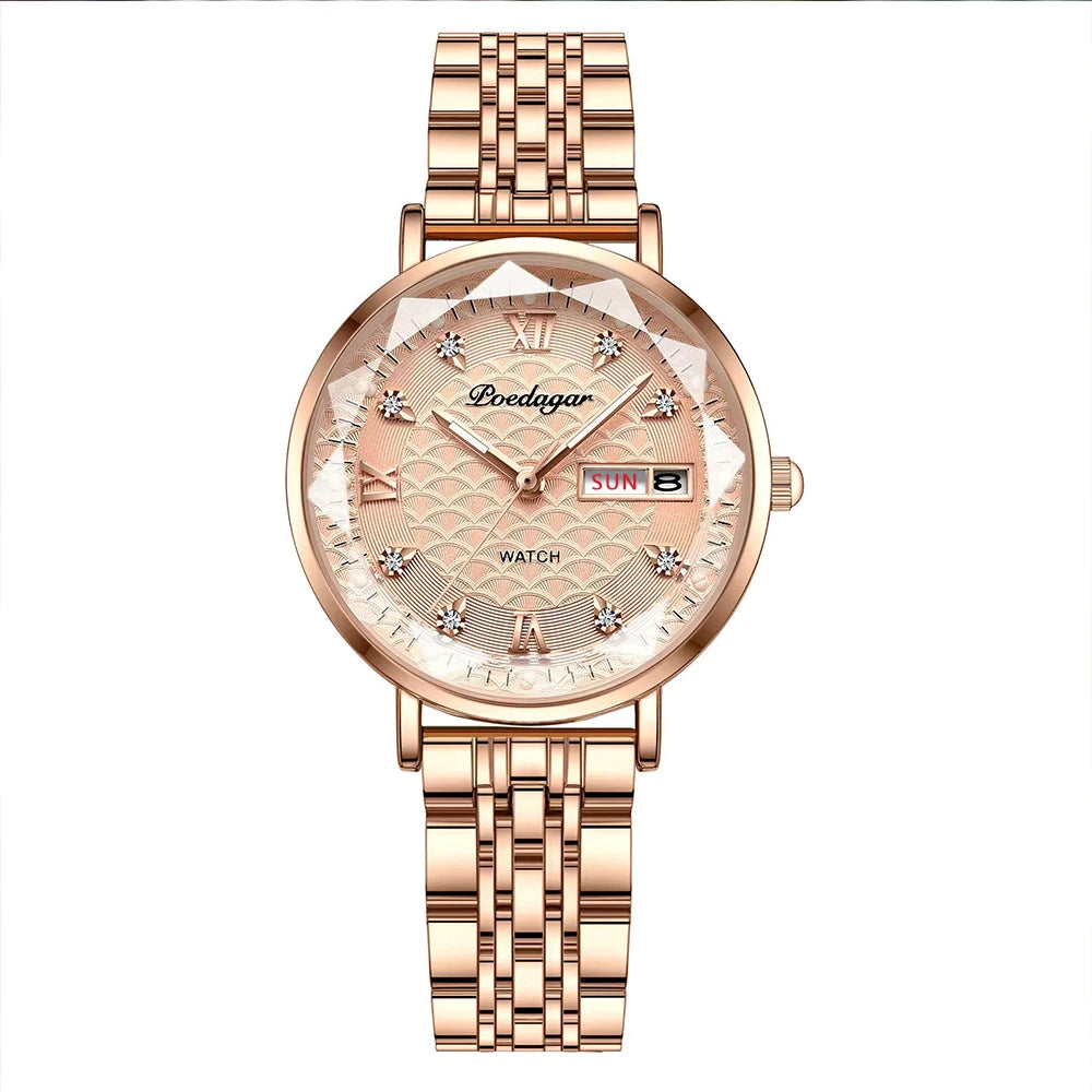 Elegant Rose Gold Women’s Watch – Waterproof Stainless Steel Luxury Bracelet with Luminous Dial