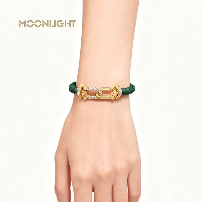 Braided Leather Bracelet with Zircon Gold Clasp