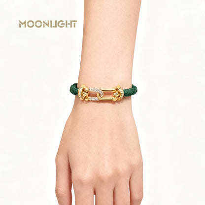 Braided Leather Bracelet with Zircon Gold Clasp