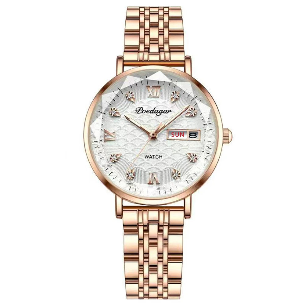 Elegant Rose Gold Women’s Watch – Waterproof Stainless Steel Luxury Bracelet with Luminous Dial