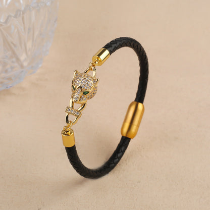 Luxury Leather Bracelet with Zircon Charm – Stainless Steel Magnetic Clasp
