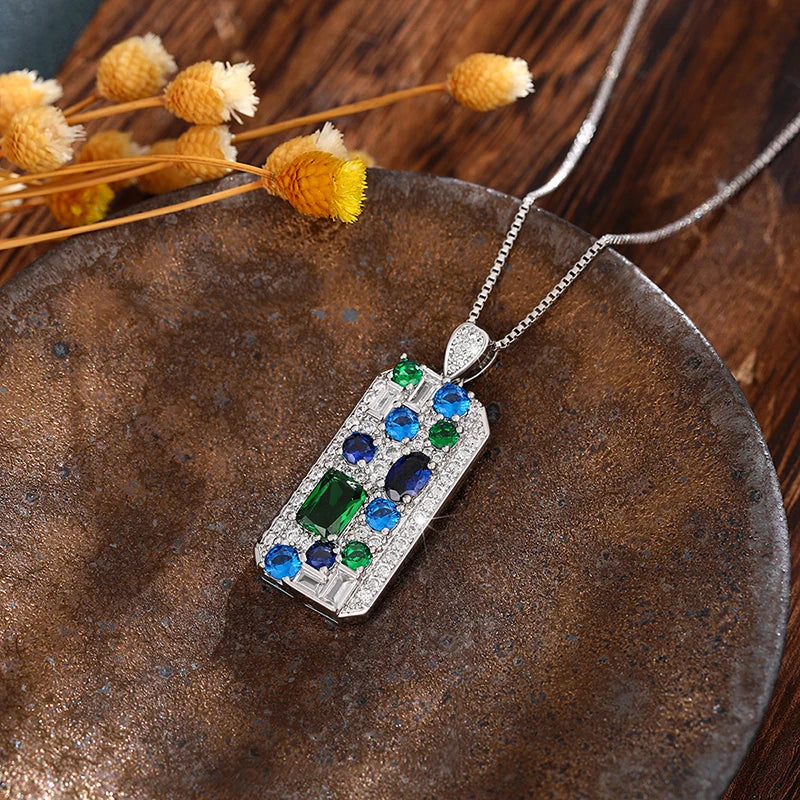 Blue Green Cubic Zirconia Silver Pendant Necklace