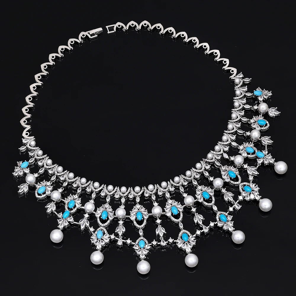 Luxury Pearl  Jewelry Set - CZ Crystal Necklace, Earrings, Ring & Bracelet For Women Perfect for Special Occasions