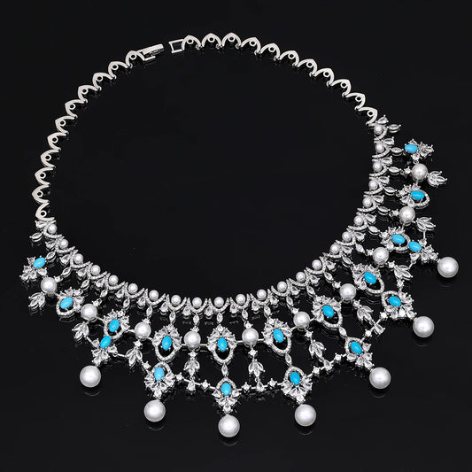 Luxury Pearl  Jewelry Set - CZ Crystal Necklace, Earrings, Ring & Bracelet For Women Perfect for Special Occasions