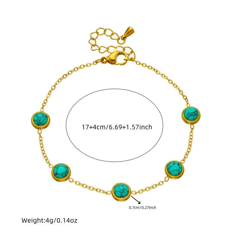 Stainless Steel Round Turquoise Necklace Bracelet Earrings Suit For Womens  TrendNon-fading jewelry Set
